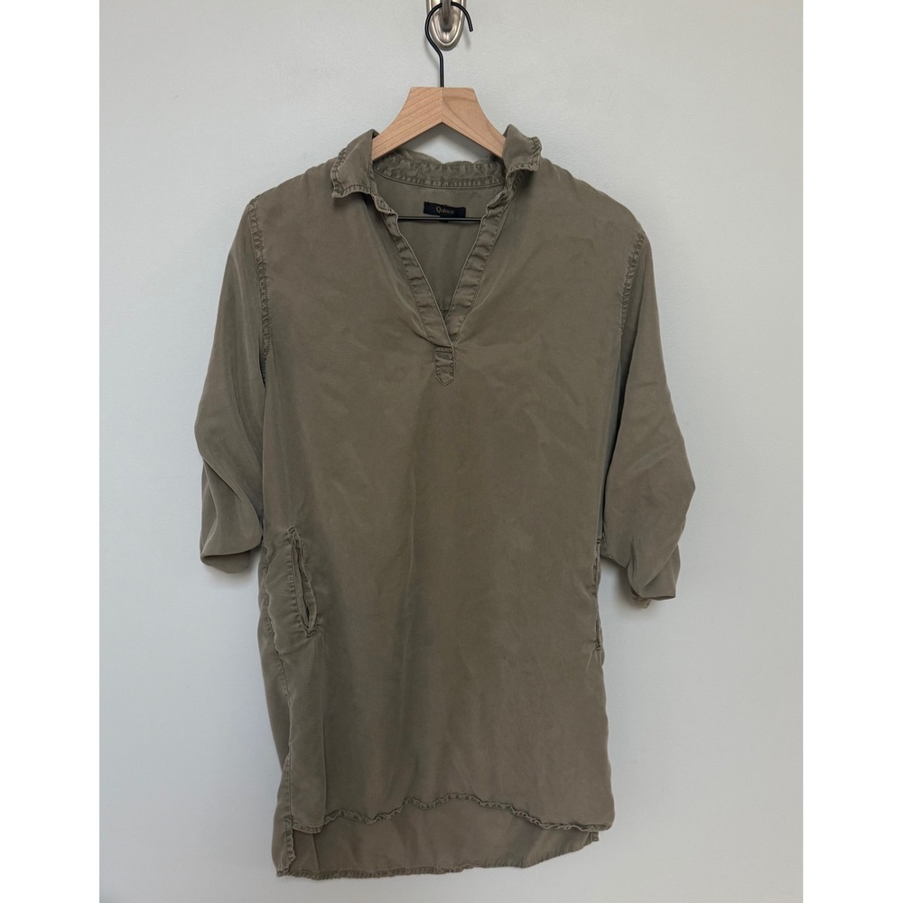 Quince Vintage Wash Roll-Tab Sleeve Tencel Tunic Dress Olive Green Size Medium